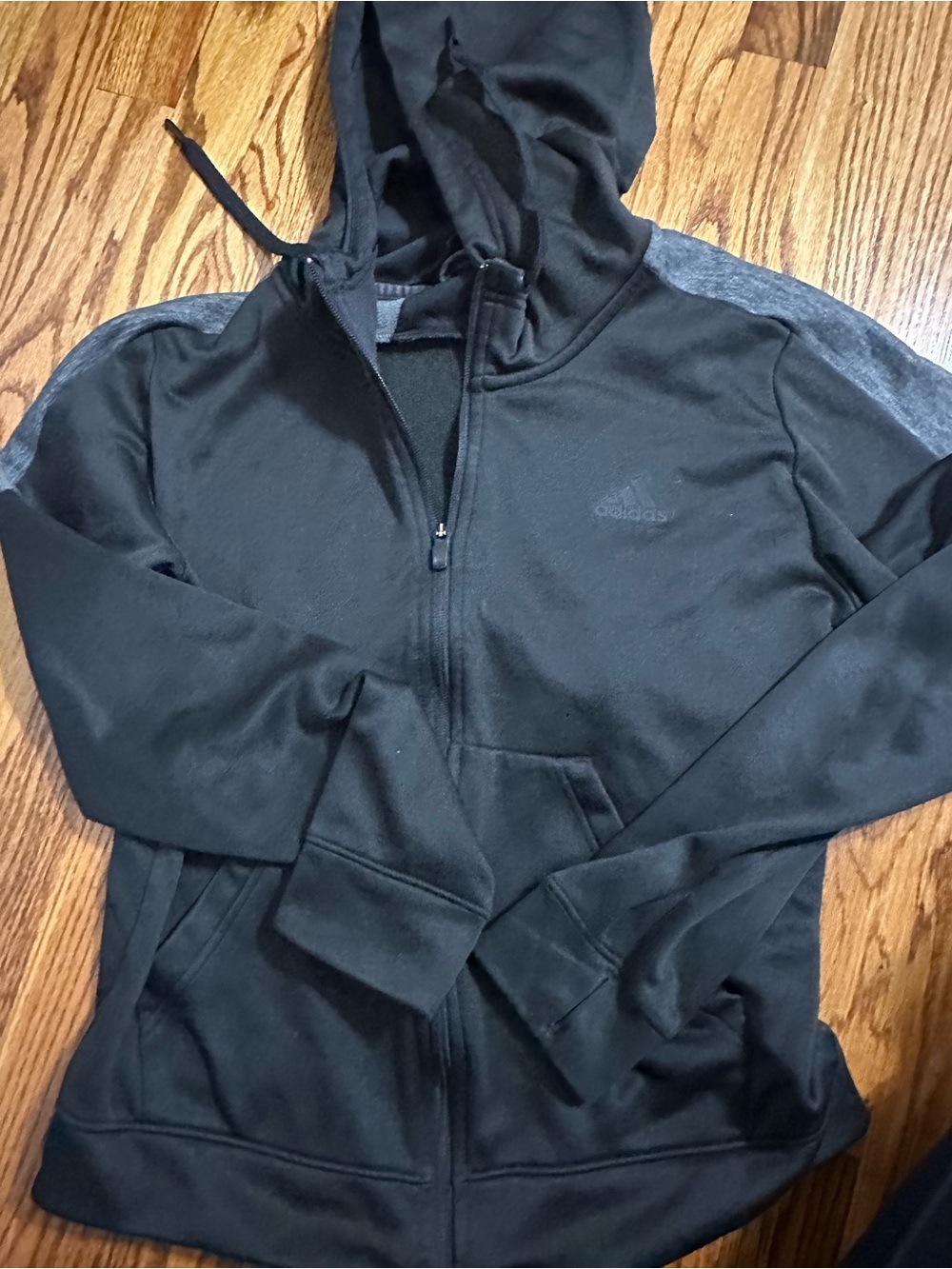 adidas Men’s Black Full-Zip Hoodie with Heather Gray Shoulder Panels